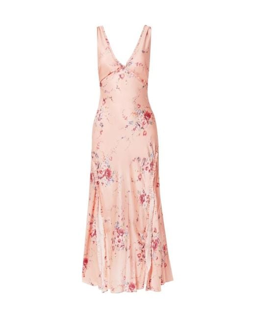 LoveShackFancy Pink Kendall Ruffled Floral-Print Silk-Satin Maxi Dress