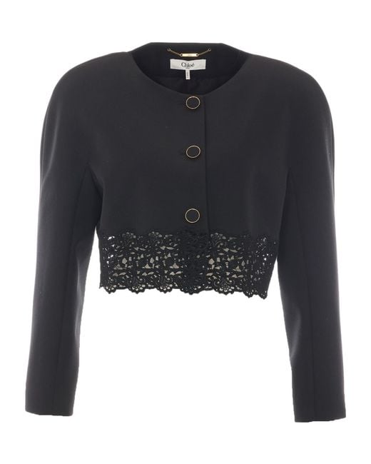 Chloé Blue Chloé Cropped Lace-Hem Cropped Cardigan