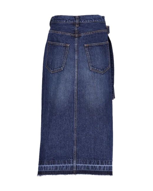 Sacai Blue Overlapping Raw-Cut Hem Denim Midi Skirt