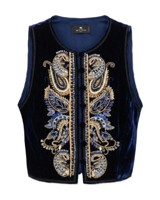 Etro Blue Embellished Velvet Vest