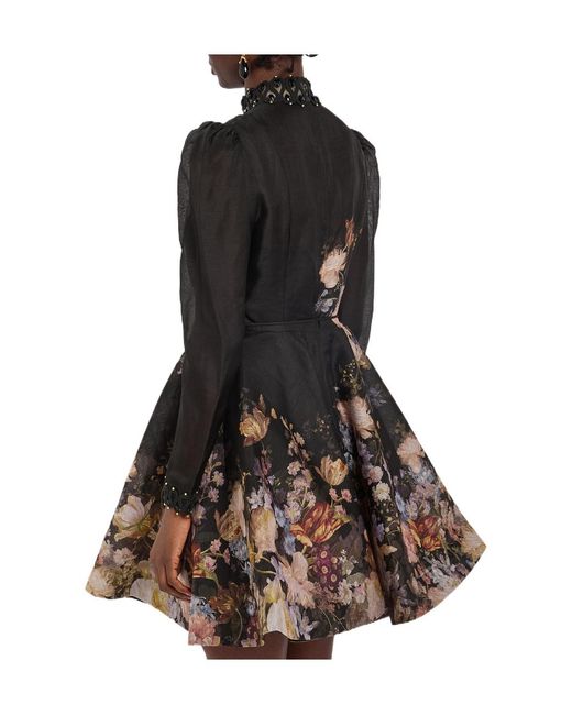 Zimmermann Black Floralprint Linen And Silkblend Mini Dress