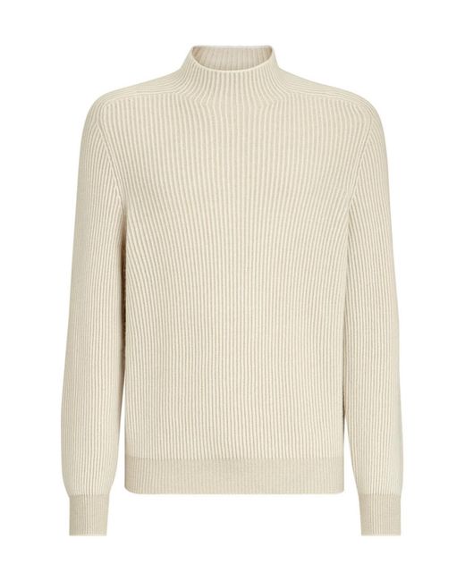 Brunello Cucinelli White Ribbed Mock-Neck Knitted Jumper for men