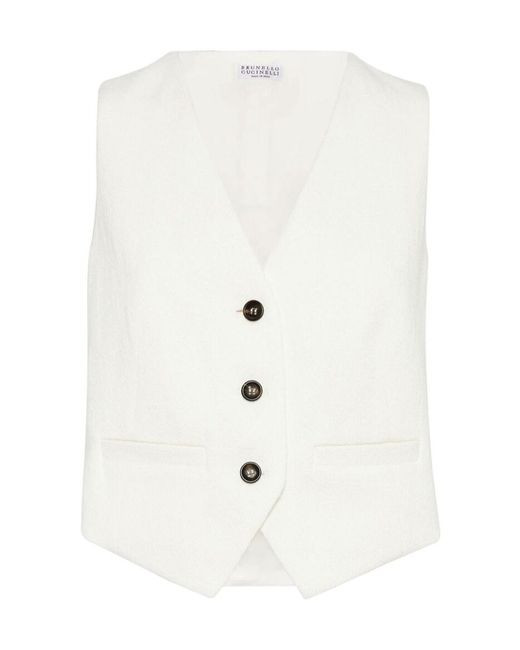 Brunello Cucinelli White Herringbone-Pattern V-Neck Button-Down Gilet