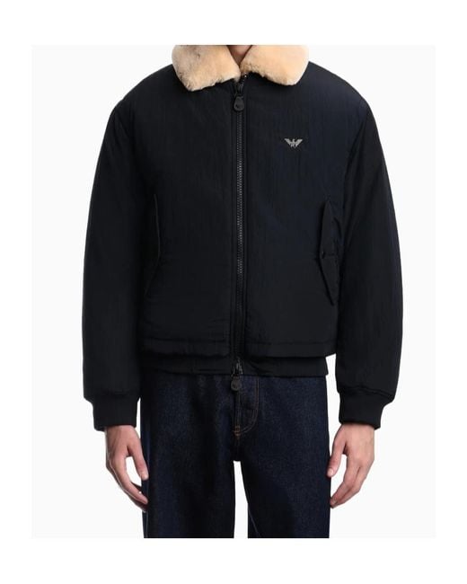 Emporio Armani Blue Cropped, Collared, Color-Block Padded Jacket With A Double-Layer Zipper for men
