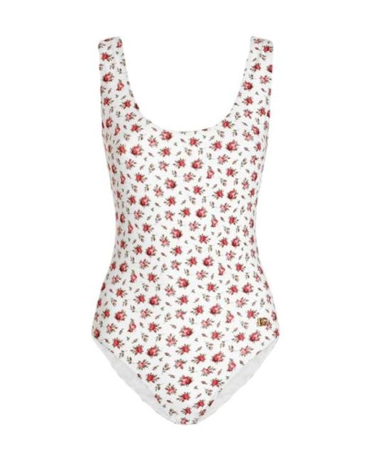 Dolce & Gabbana White Small Rose-Printed One-Piece Swimsuit