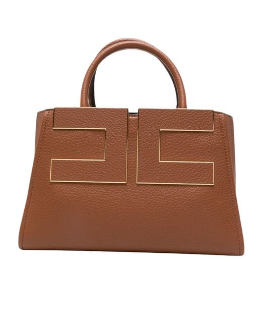Elisabetta Franchi Brown Logo-Plaque Grained Tote Bag