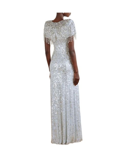 Jenny Packham White Crystal-Embellished Sequined Chiffon Gown