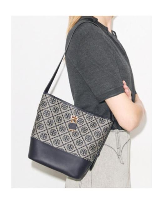 Tory Burch Blue T Monogram Leather-Trim Bucket Bag