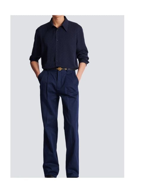 Balmain Blue Monogram Long-Sleeve Jacquard Shirt for men