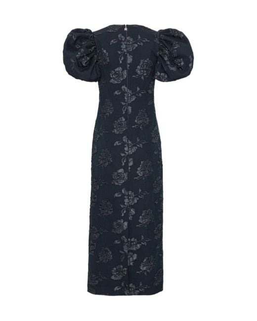 ROTATE BIRGER CHRISTENSEN Blue Floral Patterned Puff Sleeved Long Dress