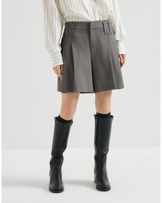 Brunello Cucinelli Gray Tropical Luxury Wool Formal Shorts With Monili