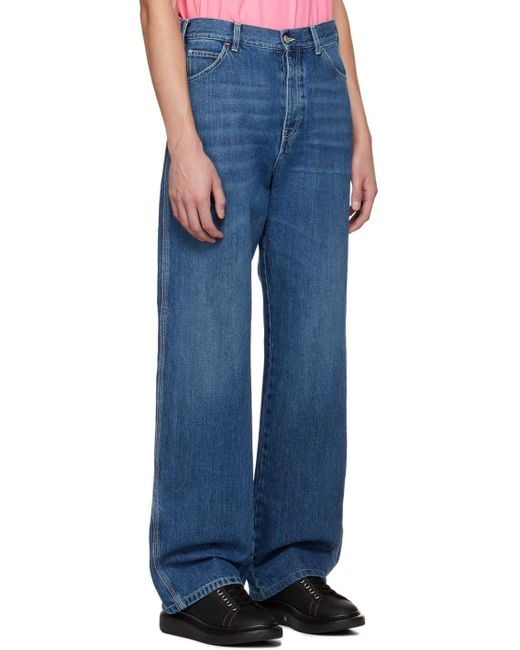 McQueen Blue Logo Patch Wide Leg Jeans for men