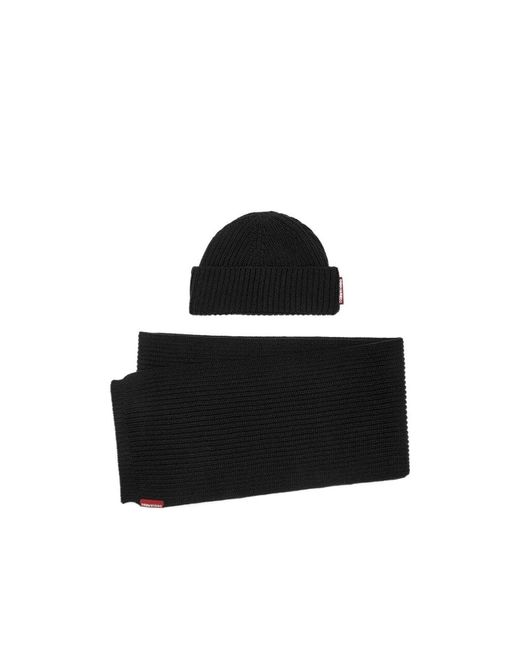 DSquared² Black Logo Tag Ribbed-Knit Beanie Scarf Set for men