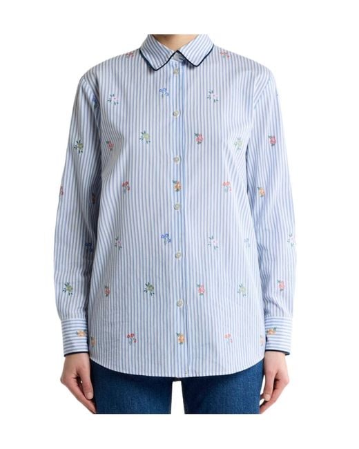 Etro Blue Striped Cotton Jacquard Shirt With Trim And Fil Coupé Flower Motif