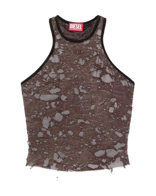DIESEL Brown Logo Embroidered Distressed Sleeveless Top