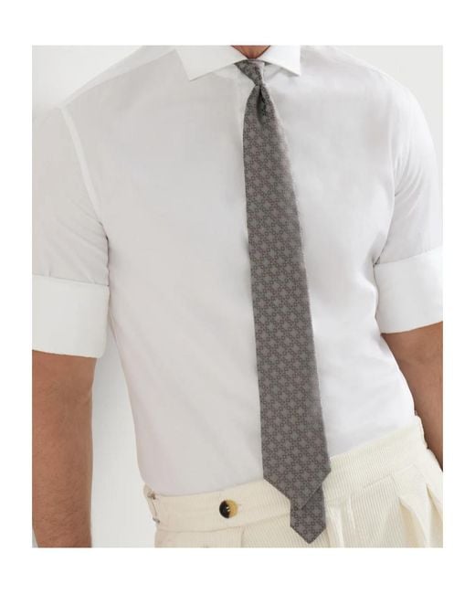 Brunello Cucinelli White Silk Tie With Geometric Floral Pattern for men