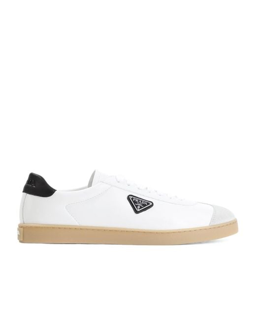 Prada White Logo Plaque Lace-Up Sneakers for men