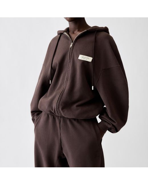 Jacquemus Brown Zip-Up Hoodie With Logo Patch for men