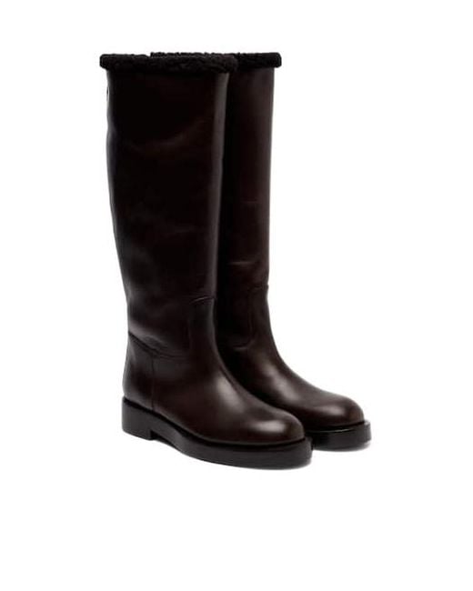 Paris Texas Black Shearling-Trimmed Leather Knee-High Boots