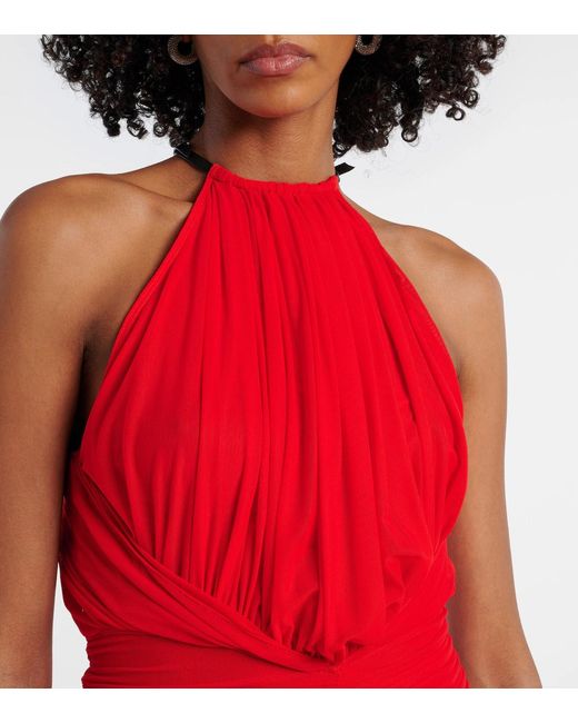 Mugler Red Pleated Neckline Midi Dress