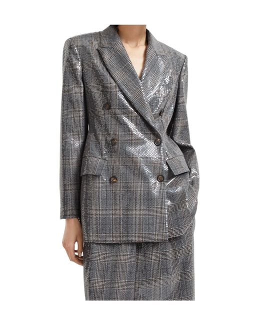 Brunello Cucinelli Gray Sequin-Embellished Check-Pattern Blazer