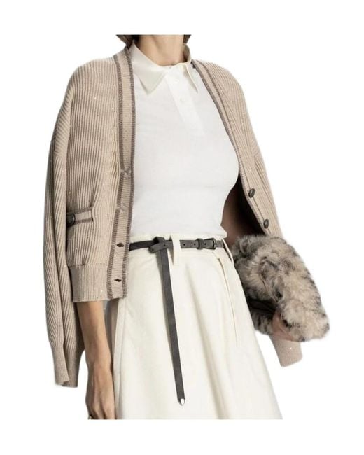 Brunello Cucinelli Natural Sequin-Embellished Ribbed Cardigan