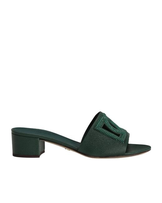 Dolce & Gabbana Green Logo-Plaque Embellished Mules