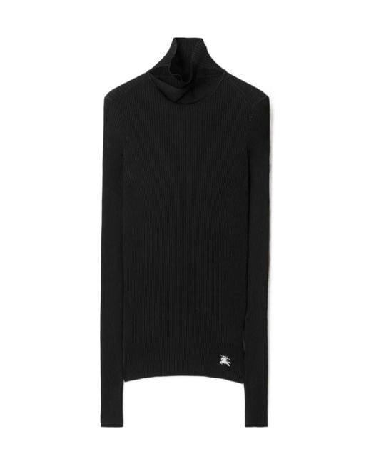Burberry Black Scarf-Detailed High-Neck Ribbed Jumper