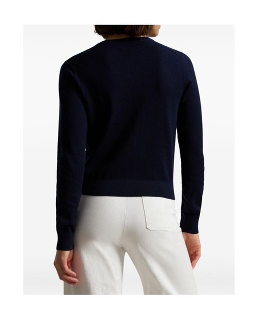 Polo Ralph Lauren Blue Crewneck Embroidered-Logo Wool Cardigan