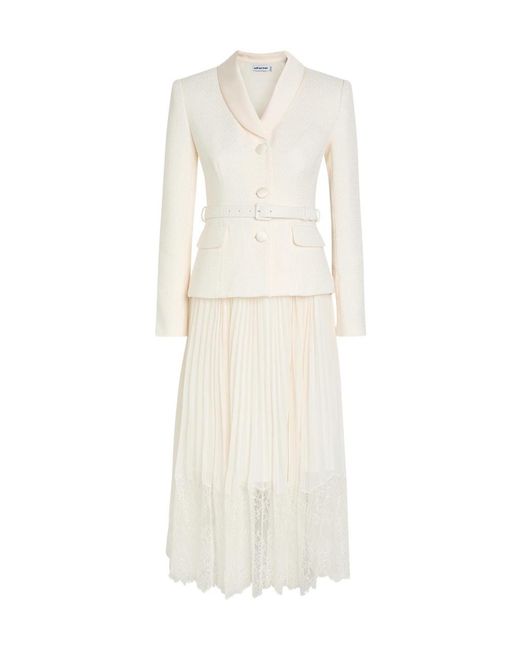 Self-Portrait White Tailored Belted Bouclé And Chiffon Midi Dress