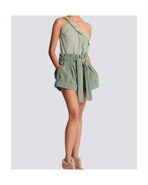Balmain Gray Pleated Belted High-Waist Shorts