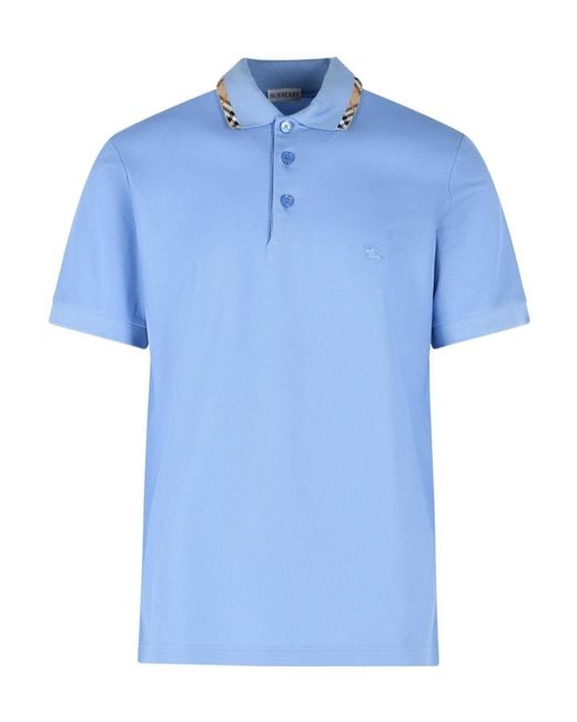 Burberry Blue Ekd Embroidered Checked-Trim Polo Shirt for men