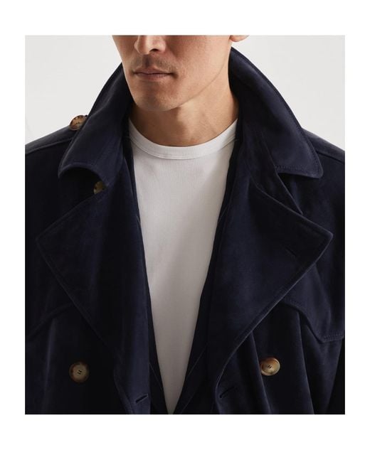 Brunello Cucinelli Blue Suede Trench Coat for men