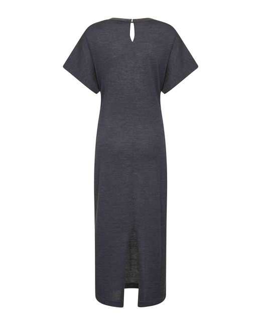 Brunello Cucinelli Blue Virgin Wool Midi Dress With Monili