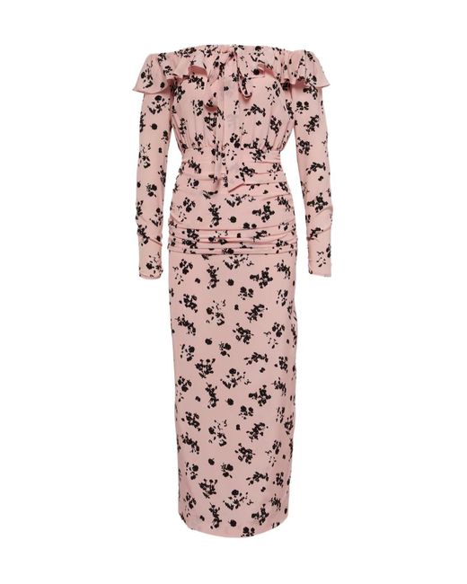 Alessandra Rich Pink Floral Off-Shoulder Silk Midi Dress