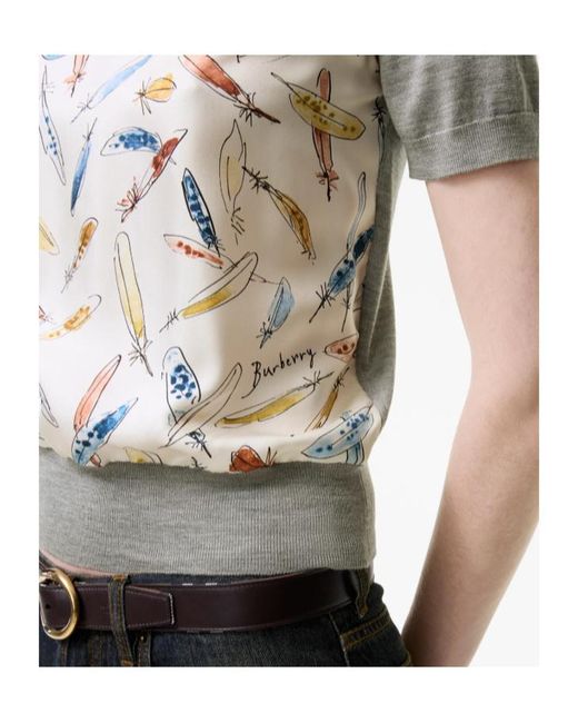 Burberry White Feather Print Panel Wool Silk T-Shirt
