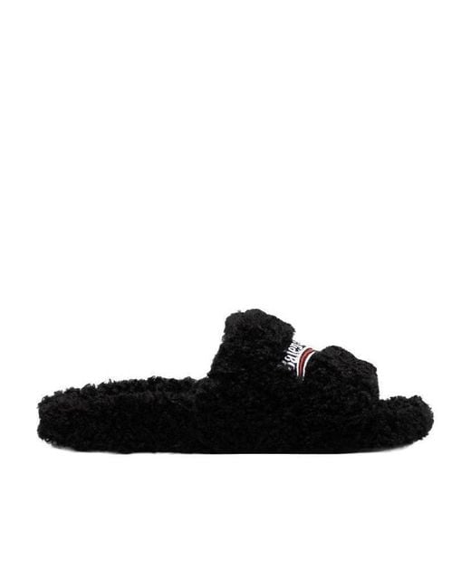 Balenciaga Black Logo Embroidered Furry Slide Sandals