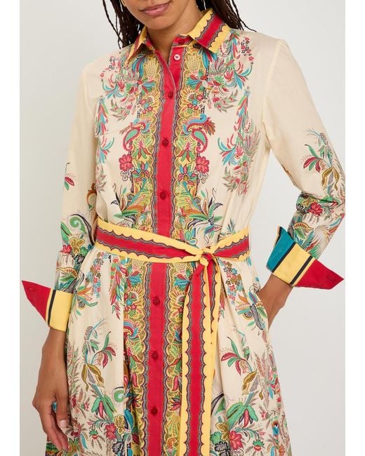 Etro Red Printed Belted Cotton-Poplin Midi Shirt Dress