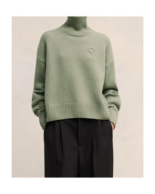 AMI Green Logo Embroidered Turtleneck Jumper