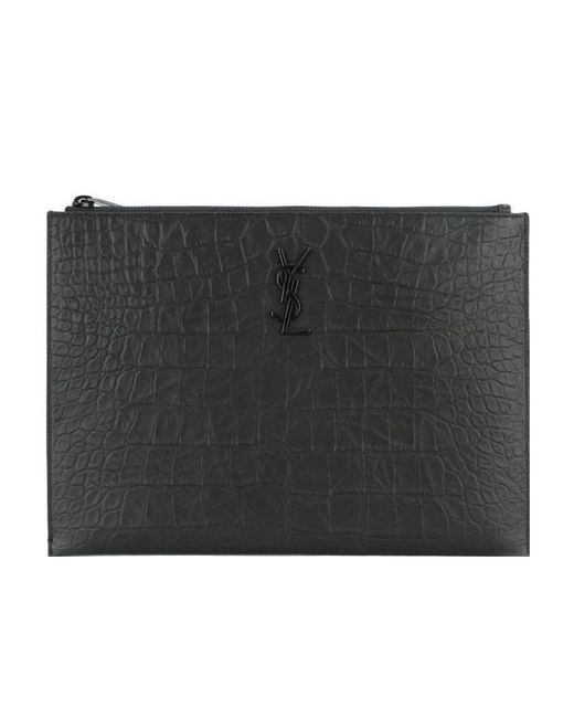 Saint Laurent Black Monogram Crocodile-Embossed Tablet Holder for men