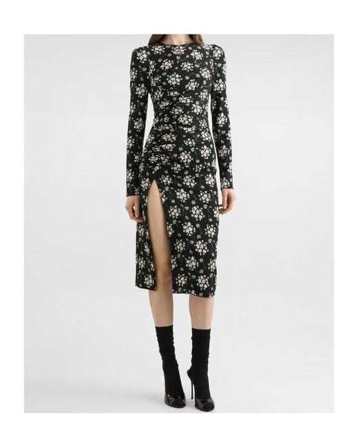 Dolce & Gabbana Black Ruched Floral Midi Dress