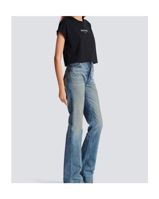 Balmain Black Logo Printed Cropped T-Shirt