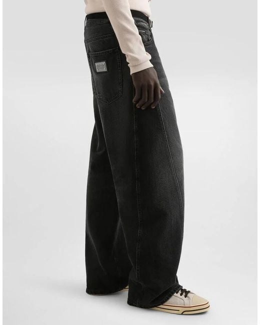 Dolce & Gabbana Gray Logo Plaque Wide-Leg Jeans for men