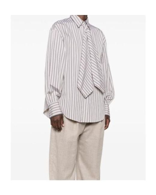 Brunello Cucinelli White Striped Neck-Tie Shirt