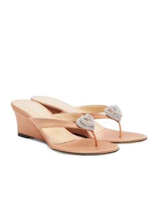 Mach & Mach Pink Double Heart Satin Wedge Thong Sandals