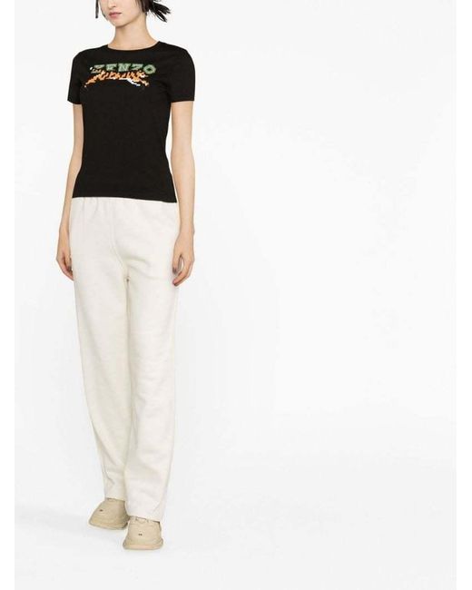 KENZO Black Tiger Motif Embroidered Crewneck T-Shirt
