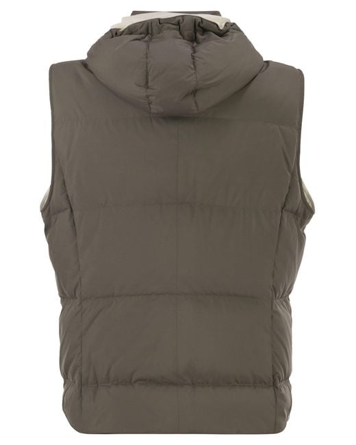 Brunello Cucinelli Gray Padded Hooded Gilet for men