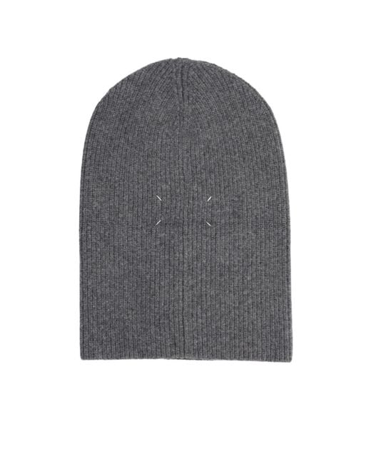 Maison Margiela Gray Logo-Patch Ribbed Beanie Hat for men