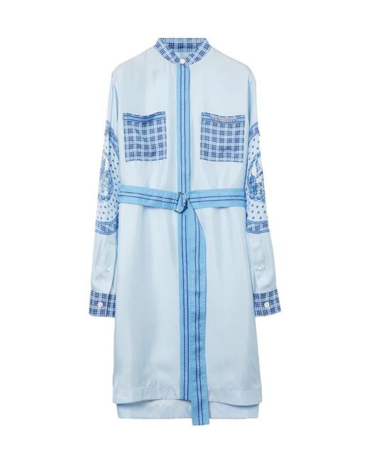 Burberry Blue Monument-Printed Satin Shirt Dress