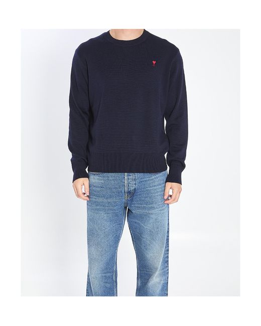AMI Blue Logo Embroidered Crewneck Jumper for men